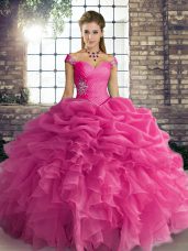 Hot Selling Organza Sleeveless Floor Length 15th Birthday Dress and Beading and Ruffles and Pick Ups