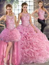 Rose Pink Three Pieces Fabric With Rolling Flowers Scoop Sleeveless Beading Floor Length Lace Up Ball Gown Prom Dress