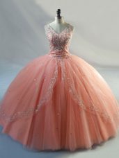 Peach V-neck Neckline Beading 15th Birthday Dress Sleeveless Lace Up