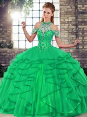 Halter Top Sleeveless Lace Up Quinceanera Dresses Green Tulle