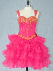 New Style Halter Top Sleeveless Prom Dresses Mini Length Beading and Ruffled Layers Hot Pink Organza