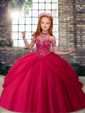 Beading Little Girls Pageant Dress Hot Pink Lace Up Sleeveless Floor Length