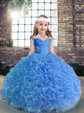 Spaghetti Straps Sleeveless Lace Up Little Girls Pageant Gowns Blue Fabric With Rolling Flowers