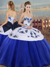 Fabulous Royal Blue Ball Gowns Tulle Sweetheart Sleeveless Embroidery and Bowknot Floor Length Lace Up Sweet 16 Dress
