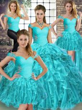 Best Aqua Blue Off The Shoulder Lace Up Beading and Ruffles Quinceanera Dress Brush Train Sleeveless