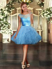Custom Made Light Blue Sleeveless Tulle Backless Dress for Prom for Prom and Party