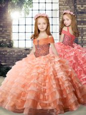 Eye-catching Straps Long Sleeves Organza Kids Pageant Dress Beading and Ruffled Layers Brush Train Lace Up