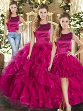 Fuchsia Tulle Lace Up Scoop Sleeveless Floor Length Sweet 16 Quinceanera Dress Ruffles