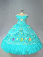 High Class Aqua Blue Lace Up 15 Quinceanera Dress Embroidery Sleeveless Floor Length