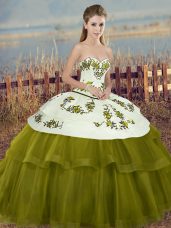 Olive Green Ball Gowns Embroidery and Bowknot Quince Ball Gowns Lace Up Tulle Sleeveless Floor Length