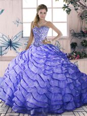 Lavender 15th Birthday Dress Organza Brush Train Sleeveless Beading and Ruffled Layers
