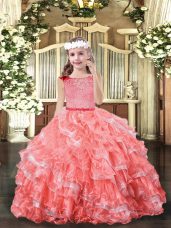 Sleeveless Floor Length Lace and Ruffled Layers Zipper Pageant Gowns For Girls with Watermelon Red
