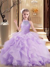 Unique Lavender Lace Up Child Pageant Dress Beading and Ruffles Sleeveless Floor Length
