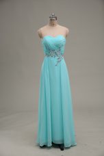 Exquisite Aqua Blue Prom Evening Gown Prom and Party and Military Ball with Appliques and Ruching Sweetheart Sleeveless Zipper