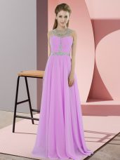 Scoop Sleeveless Prom Dresses Floor Length Beading Lilac Chiffon