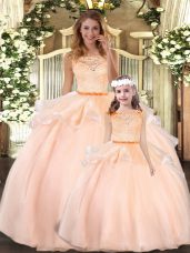 Sleeveless Floor Length Lace Zipper Quinceanera Dresses with Peach