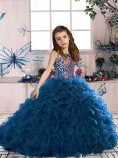 Beading and Ruffles Child Pageant Dress Navy Blue Lace Up Sleeveless Floor Length