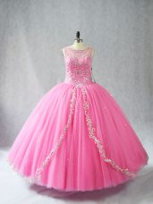 Rose Pink Ball Gowns Tulle Scoop Sleeveless Beading and Appliques Floor Length Lace Up Quinceanera Gown