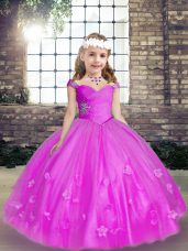 Trendy Straps Sleeveless Little Girls Pageant Dress Wholesale Floor Length Beading and Hand Made Flower Fuchsia Tulle