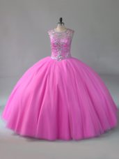 Gorgeous Beading 15 Quinceanera Dress Rose Pink Lace Up Sleeveless Floor Length
