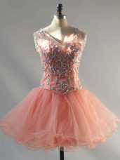 Beading Evening Dress Peach Lace Up Sleeveless Mini Length