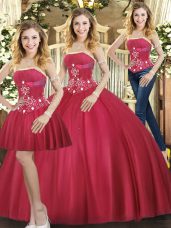 Sweet Sleeveless Tulle Floor Length Lace Up 15th Birthday Dress in Red with Beading