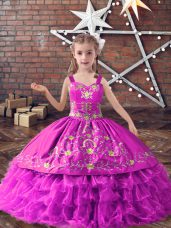 Trendy Sleeveless Lace Up Floor Length Embroidery and Ruffled Layers Little Girls Pageant Gowns