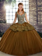 Custom Fit Straps Sleeveless 15th Birthday Dress Floor Length Beading and Appliques Brown Tulle