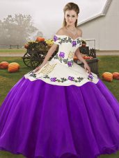 Most Popular Floor Length White And Purple 15 Quinceanera Dress Organza Sleeveless Embroidery