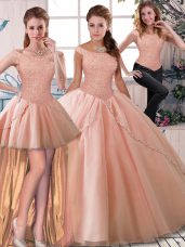 Classical Sleeveless Beading Lace Up Ball Gown Prom Dress with Peach Brush Train