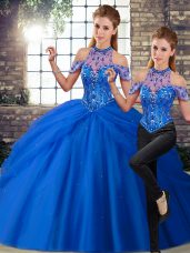 Fashion Blue Halter Top Lace Up Beading and Pick Ups Quinceanera Dresses Brush Train Sleeveless