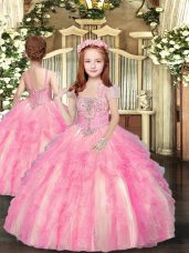 Baby Pink Tulle Lace Up Straps Sleeveless Floor Length Little Girls Pageant Dress Beading and Ruffles