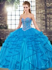 Flirting Blue Lace Up 15 Quinceanera Dress Beading and Ruffles Sleeveless Floor Length