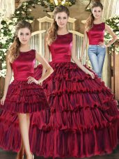 Delicate Wine Red Lace Up Scoop Ruffled Layers 15 Quinceanera Dress Organza Sleeveless