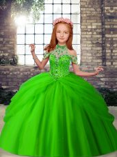 Floor Length Green Girls Pageant Dresses Halter Top Sleeveless Lace Up