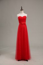 Vintage Red Zipper Sweetheart Ruching and Belt Prom Gown Tulle Sleeveless