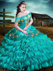 Glittering Sleeveless Floor Length Embroidery and Ruffles Lace Up Quinceanera Dresses with Aqua Blue
