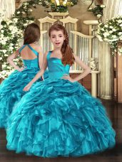 Nice Straps Sleeveless Girls Pageant Dresses Floor Length Ruffles and Ruching Baby Blue Organza