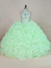 Apple Green Halter Top Lace Up Beading and Ruffles 15th Birthday Dress Sleeveless