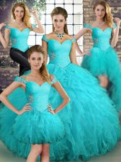 Beading and Ruffles Quinceanera Dresses Aqua Blue Lace Up Sleeveless Floor Length