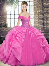 Wonderful Rose Pink Sleeveless Organza Lace Up 15th Birthday Dress for Military Ball and Sweet 16 and Quinceanera