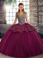 Captivating Floor Length Lace Up Quinceanera Gowns Fuchsia for Military Ball and Sweet 16 and Quinceanera with Beading and Appliques