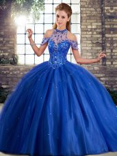 Royal Blue Tulle Lace Up Halter Top Sleeveless 15th Birthday Dress Brush Train Beading