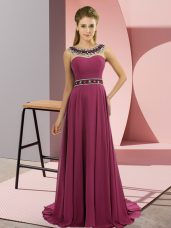 Fuchsia Dress for Prom Prom and Party with Beading Scoop Sleeveless Brush Train Zipper