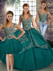 Teal Three Pieces Beading and Embroidery Quince Ball Gowns Lace Up Tulle Sleeveless Floor Length