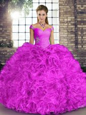 Super Floor Length Lilac Quince Ball Gowns Organza Sleeveless Beading and Ruffles