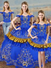 Pretty Blue Ball Gowns Satin Off The Shoulder Sleeveless Embroidery Lace Up Sweet 16 Dress