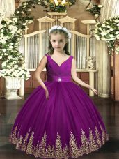 Sleeveless Floor Length Embroidery Backless Girls Pageant Dresses with Eggplant Purple
