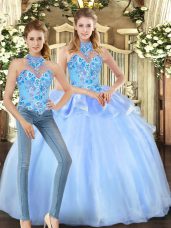 Blue Ball Gowns Embroidery Quince Ball Gowns Lace Up Organza Sleeveless Floor Length
