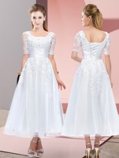 Ideal White Short Sleeves Tulle Lace Up Bridesmaid Dresses for Wedding Party